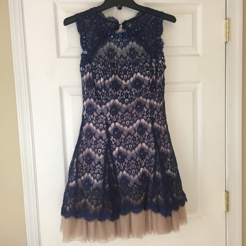 Nude/Blue Lace Overlay Prom/Party Dress Medium/4